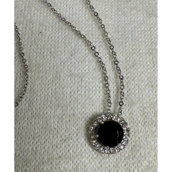 Premier Design Necklace with Black Stone Surrounded by CZs - Silver Tone - 17" - Picture 4 of 5